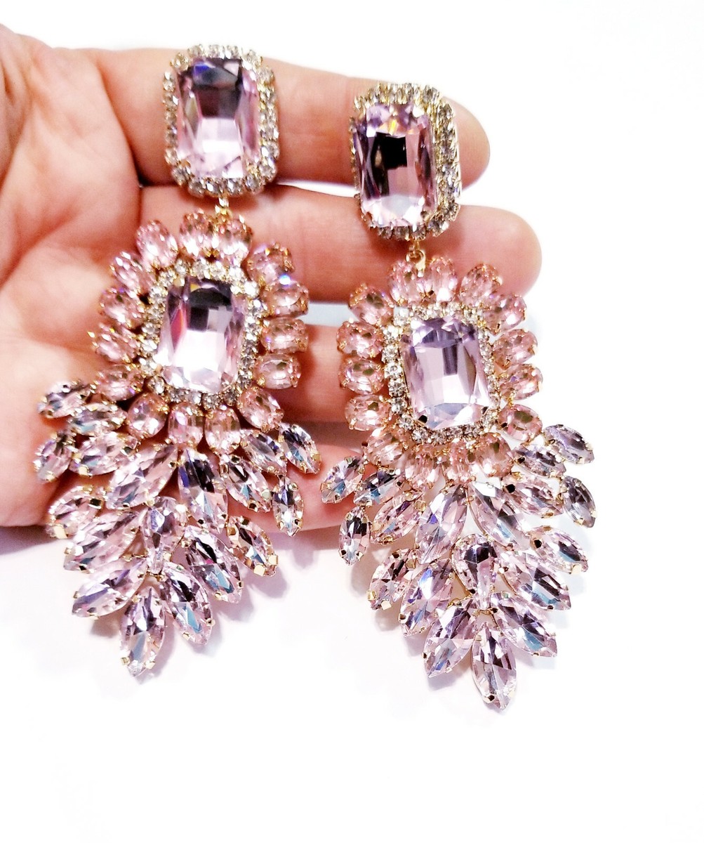 CLIP ON Earrings Rhinestone Crystal Oversized Pink Drop