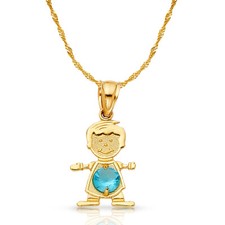 14K Yellow Gold Birthstone CZ Boy Charm Pendant  0.9mm Singapore Chain Necklace