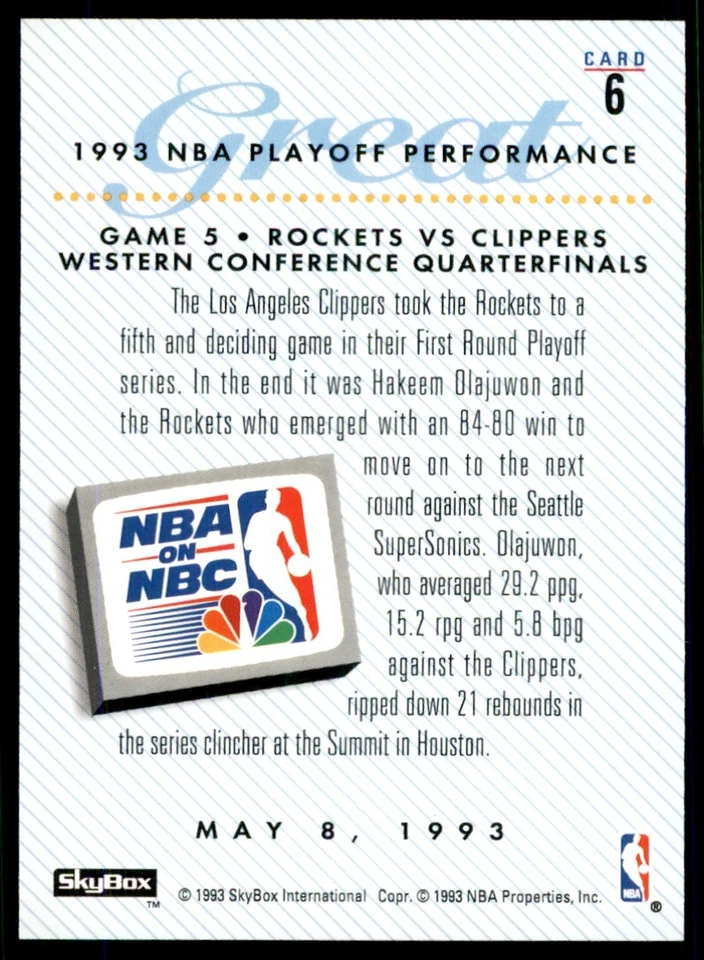 1993-94 SkyBox Basketball Card Hakeem Olajuwon Houston Rockets #6 - Image 2 of 2