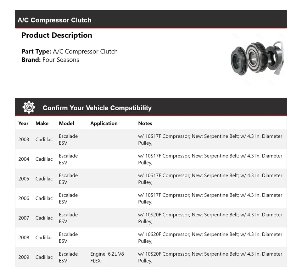 Embrague compresor aire acondicionado 4 estaciones 2004 2005 para Cadillac Escalade ESV 2003-2009 Foto 2 de 4
