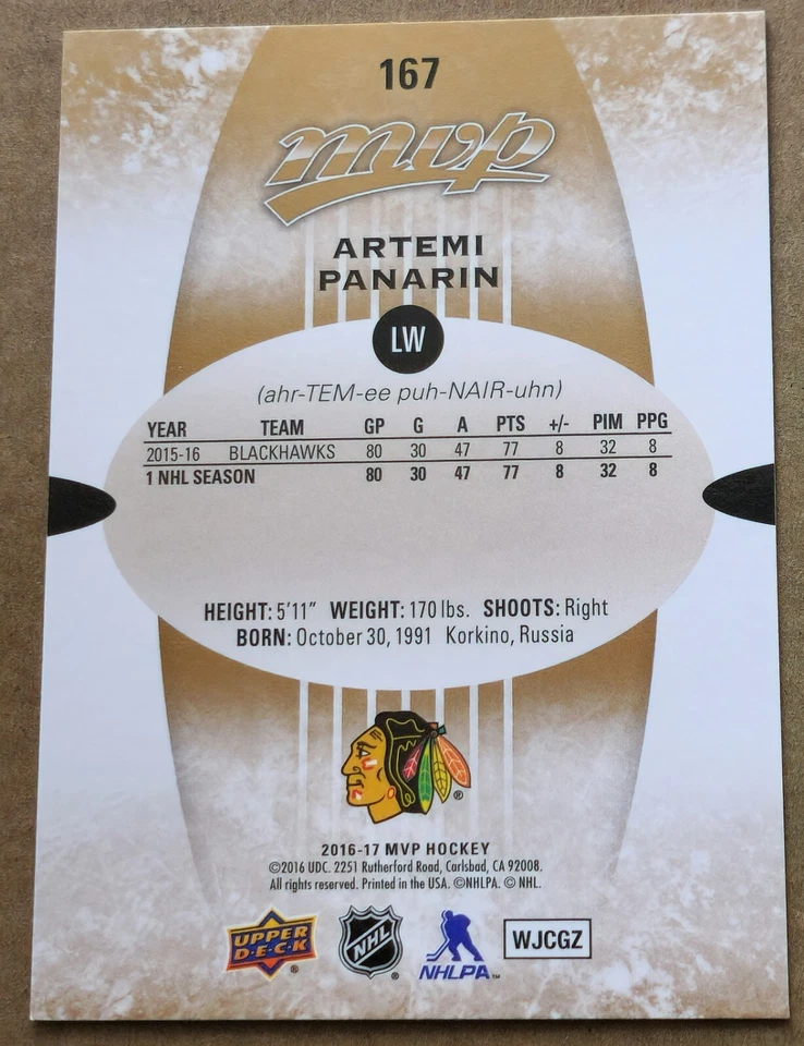 2016-17 Upper Deck MVP #167 Artemi Panarin - Image 2 of 2