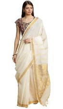 Women's Kerala Kasavu Cotton Saree With Rich Pallu and Running Blouse Piece