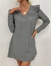 Black & White Gingham Check Ruffle Trim Tunic Style Dress Size S 8 Holidays