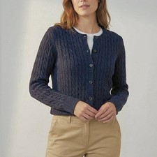 LL Bean Navy Blue Cable Knit Crew Neck Button Cotton Cardigan Sweater Size XL