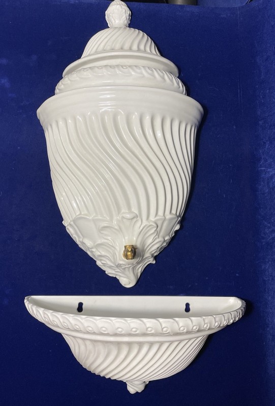 1966 3 Piece Victorian Lavabo Brass Spigot Wall Fountain Faience Planter Italy