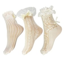 Womens Frilly Ruffle Ankle Socks, 3 Pairs Lace Cute Bows Bobby Fashion Dress ...