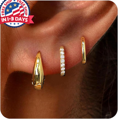 Juego de 3 pares de aretes de aro chapados en oro de 14 quilates para mujer