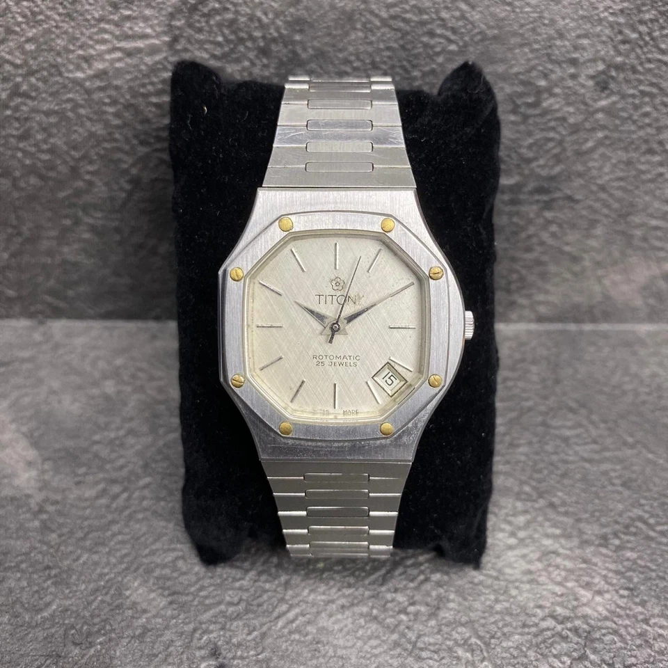 Raro Reloj TITONI Roble Estilo Rotomático 8026 Esfera Plateada Fecha Hombres De Colección Suizo Foto 4 de 4