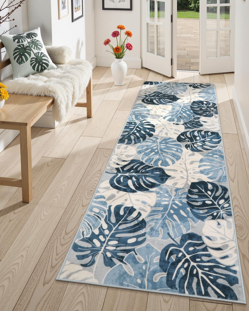 Monstera Leaf 2x6 Kitchen Rug Runner, Washable Blue Runner Rugs for  Hallway, ...