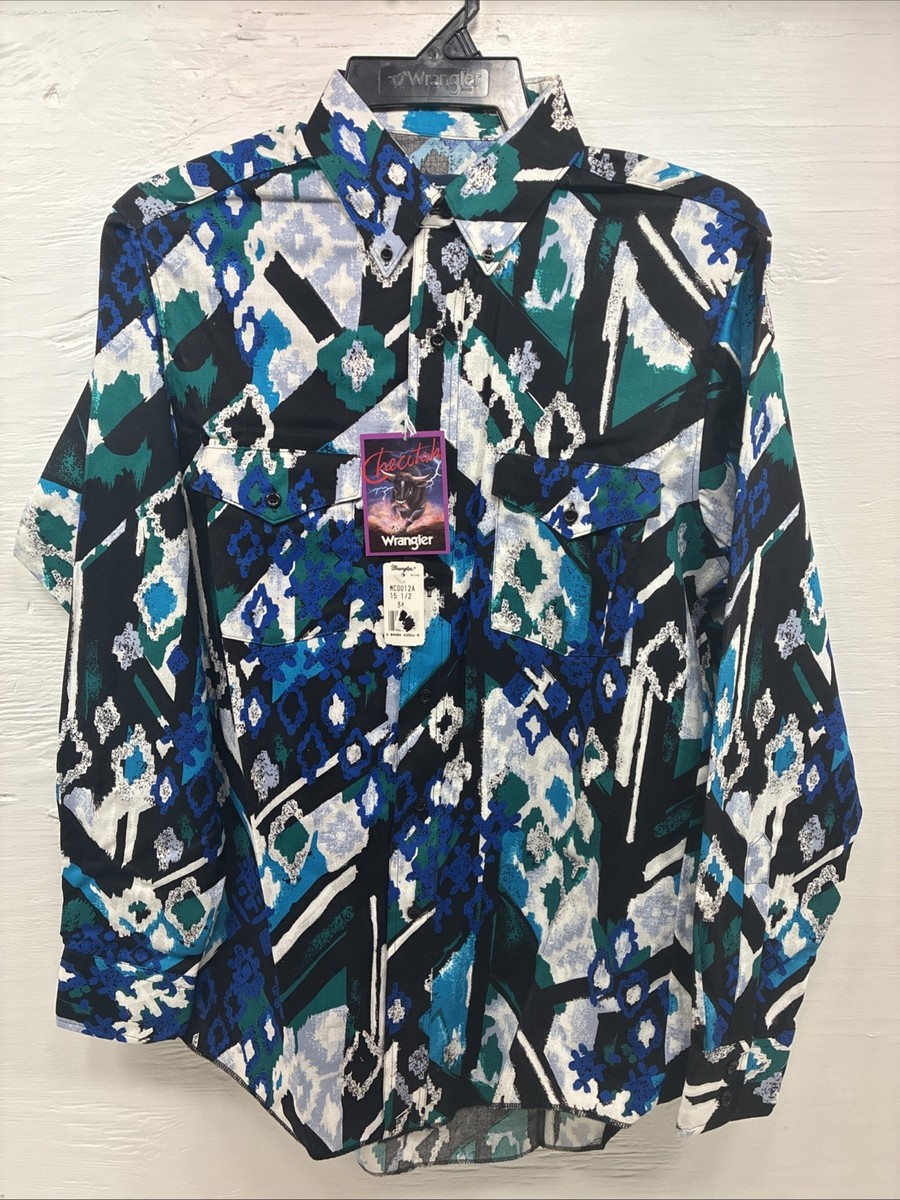 57 はと New Men's Wrangler Black Blue Designed Long Sleeve Button Up 15.5