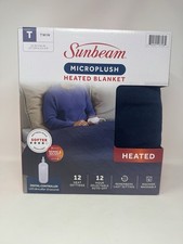 Sunbeam Microplush Heated Blanket Navy 12 Heat Settings Twin 62 X 84 New