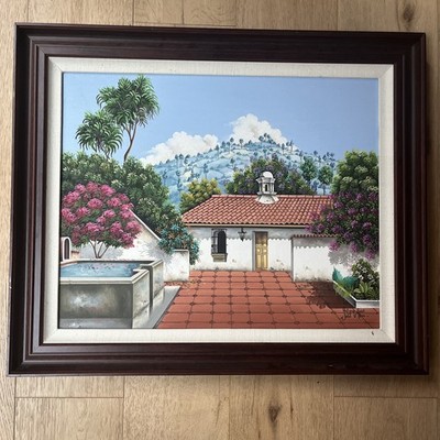 Vintage Painting Antigua Guatemala Courtyard Signed Rolando Julio V. Aper