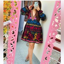 Anthropologie x Farm Rio Dress V-Neck Puff Sleeve