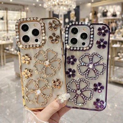 Jewelled Luxury Floral Shockproof Back Case for iPhone Gold Purple Clear
