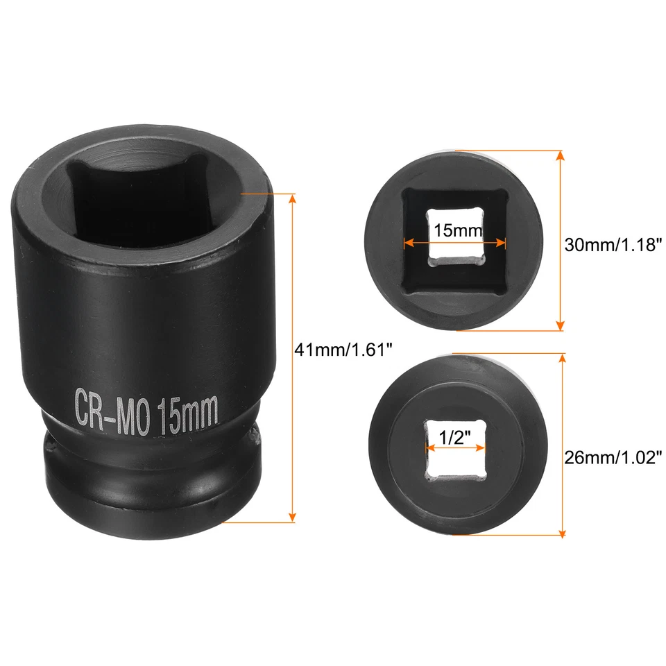 4 Point Square Socket 1/2" Drive 15mm Metric CR-MO Square Impact Wheel Socket - image 2 of 4