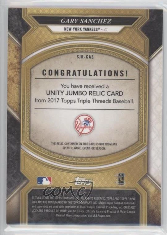 2017 Topps Triple Threads Single Jumbo Relics Silver /27 Gary Sanchez #SJR-GAS - Image 2 of 2