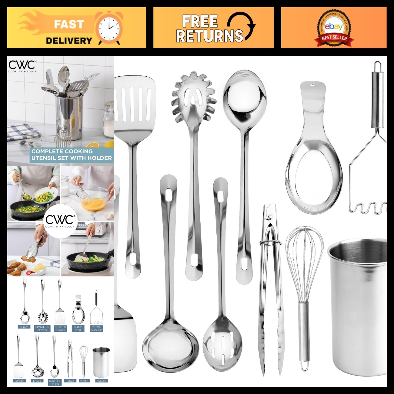 10-Piece Nonstick Kitchen Utensil Set - Heat Resistant Gadgets, Turner, Whisk, T