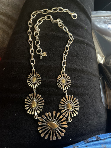 Lucky Brand Necklace Reversible Silver Tone Flower Two Tone Statement 18" E9