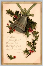 Happy New Year, Poem, Green Bell, Holly, Vintage Postcard