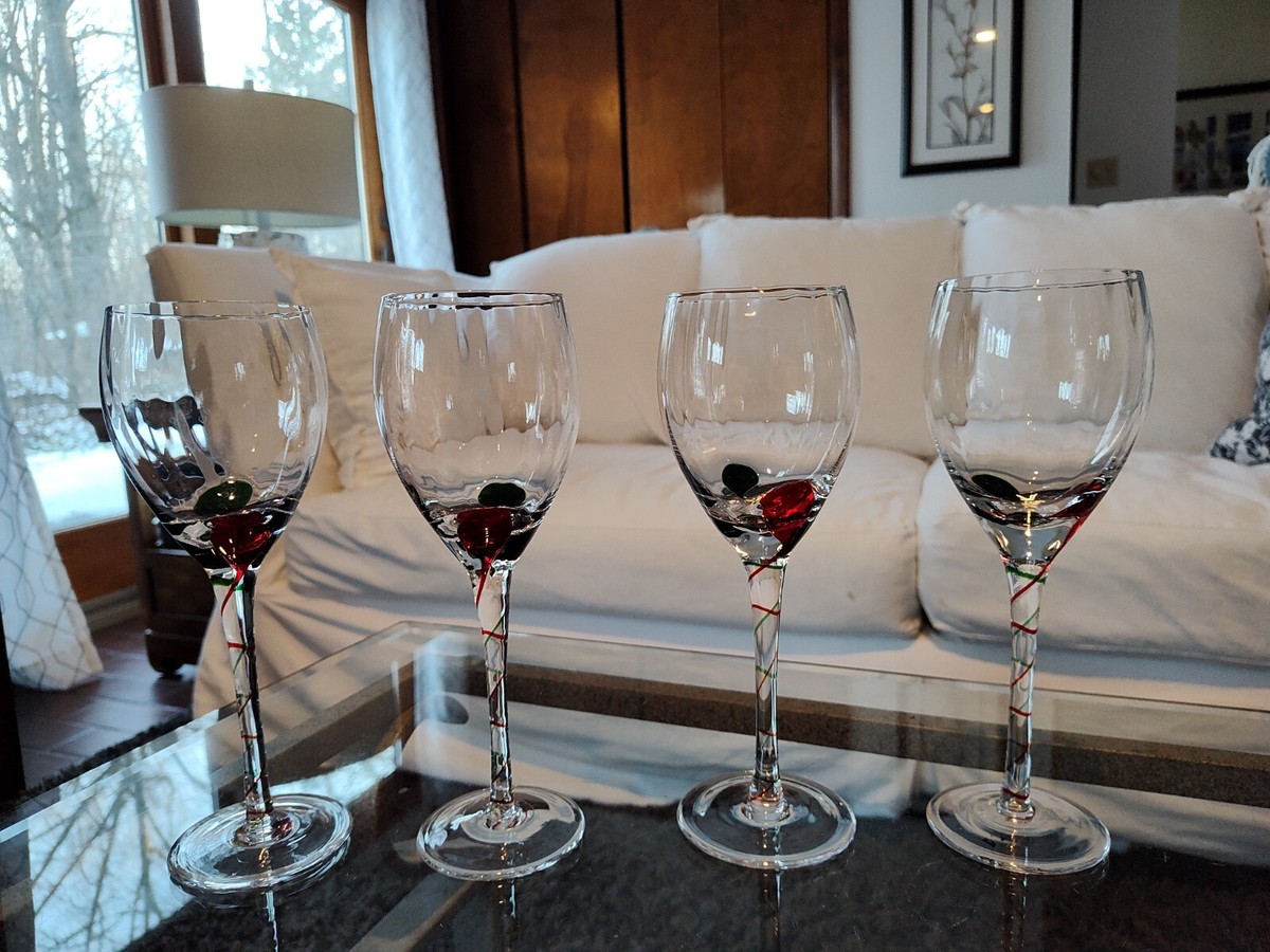 IKEA Green and Red Optic Swirl Wine Glasses, Christmas, Holiday Party - Set  of 4