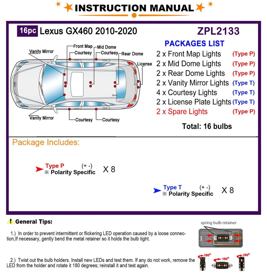 Kit de luces LED interiores de 16 bombillas luz domo blanca de xenón para Lexus GX460 2010-2020 Foto 2 de 4