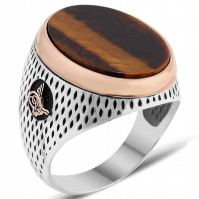Solid 925 Sterling Silver Flat Tiger Eye Stone Ottoman Sultan Monogram Men Ring
