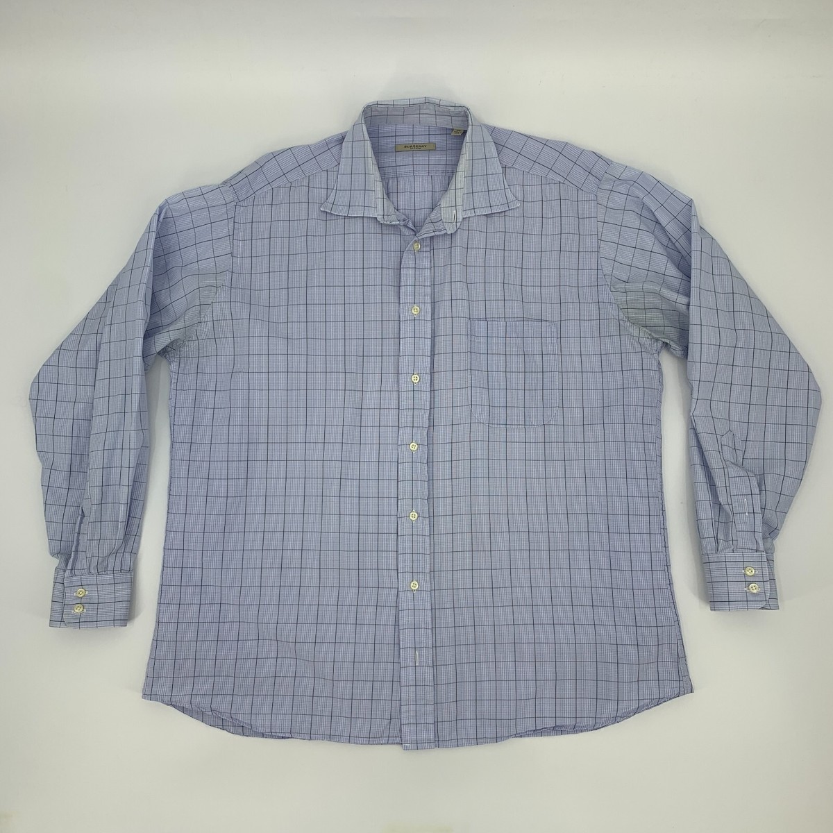 Vintage Burberry Dress Shirt Mens 17 Blue Checkered 100% Cotton Made USA  *READ