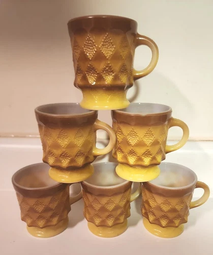 VTG 6 Anchor Hocking Fire King Diamond Cut Yellow Brown Ombre Coffee Mugs Cups