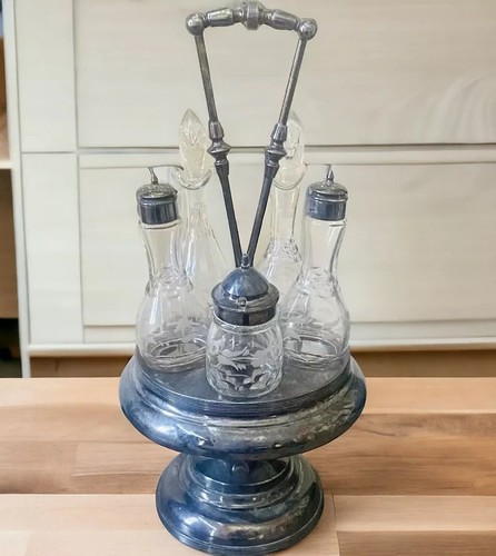 Antique Meriden Spinning Cruet Castor Set Silver Plated Etched Glass 15.5”H