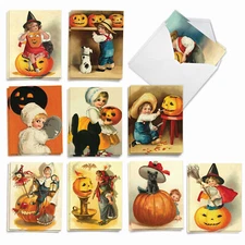 20 Asst'd Halloween Notecards w/ Envelopes (10 Designs, 2 Each) Vintage Pumpkins