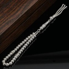 Sphere Cut Striped 925 Sterling Silver 33 Islamic Prayer Beads Tasbih Rosary #M1