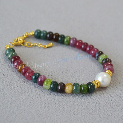 Natural Colorful Tourmaline Rondelle Gemstone Beads White Pearl Bracelet 8 inch