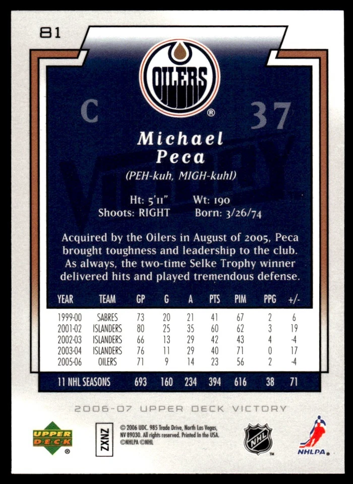 2006-07 Upper Deck Victory GOLD Michael Peca Edmonton Oilers #81 R59 - Image 2 of 2