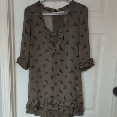 Addict Women's S Olive with Birds Tunic Sheer Top (dress