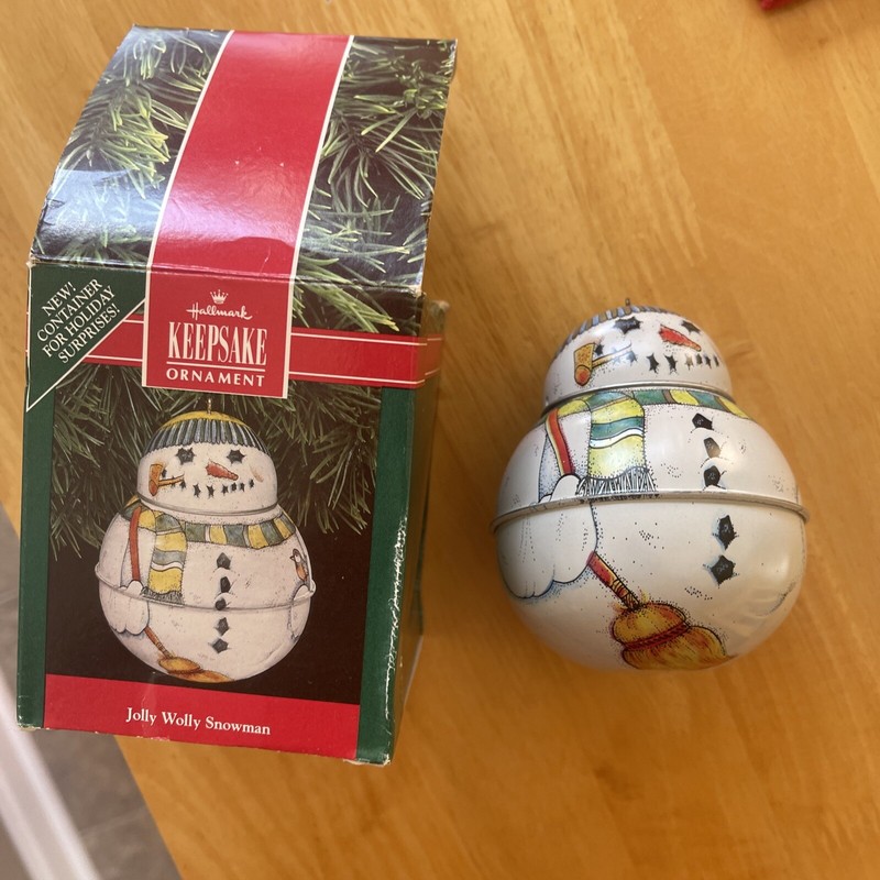 Hallmark Keepsake Jolly Wolly Snowman Pressed Tin Ornament 1991 For Surprises