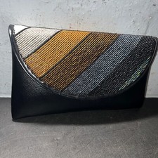 Imitation Black Leather Hand Beaded Clutch Purse Multi Color