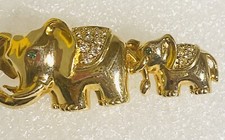 Elephant Mom and Baby Brooch Pin Pave Clear Rhinestones Green Eyes Gold Tone 2”