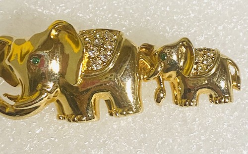 Elephant Mom and Baby Brooch Pin Pave Clear Rhinestones Green Eyes Gold Tone 2”