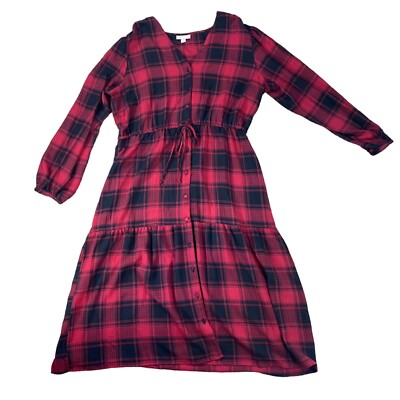 knox rose red dress Knox Rose Womans Plaid Button Down Tiered Dress Size XXL Red Black Pockets