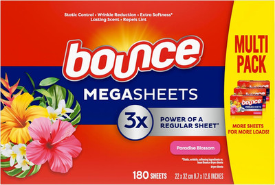 Bounce Mega Dryer Sheets, Paradise Blossom, 180 Count, Mega Fabric Softener Shee