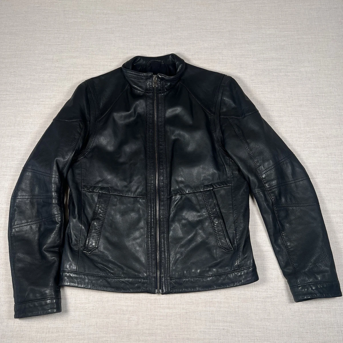 BOSS Hugo Boss Nikson Men's Black Lamb Leather Zip Moto Jacket
