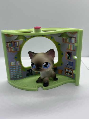 Littlest Pet Shop Authentic # 5 White Black Siamese Cat Blue Eyes w/ nook house