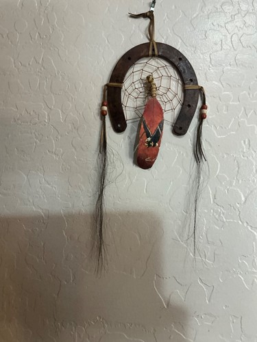 dreamcatcher with horseshoe, painted feather, horse hair, artist initials