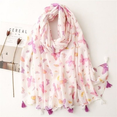NEW Boho Butterfly Design Tasseled Rectangle Soft Chic Scarf Large Cream Pink 
