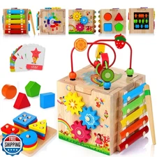 HELLOWOOD 8-in-1 Wooden Activity Cube for Kids, Sorting and Stack