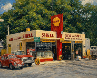 1970s Classic Cars at SHELL GAS & Service STATION Oil Painting Fridge Magnet 2x3