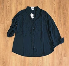 EXPRESS Portofino Sz L Blouse Texture Shirt Convertible Sleeve Dark Green Office