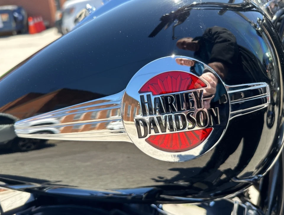 OEM Harley 00-17 Softail Heritage Deluxe Fuel Tank Emblems Chrome Red Gas Badges - Image 3 of 4