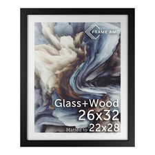Frame Amo 26x32 Black Solid Wood Picture Frame, White Mat for 22x28 Image