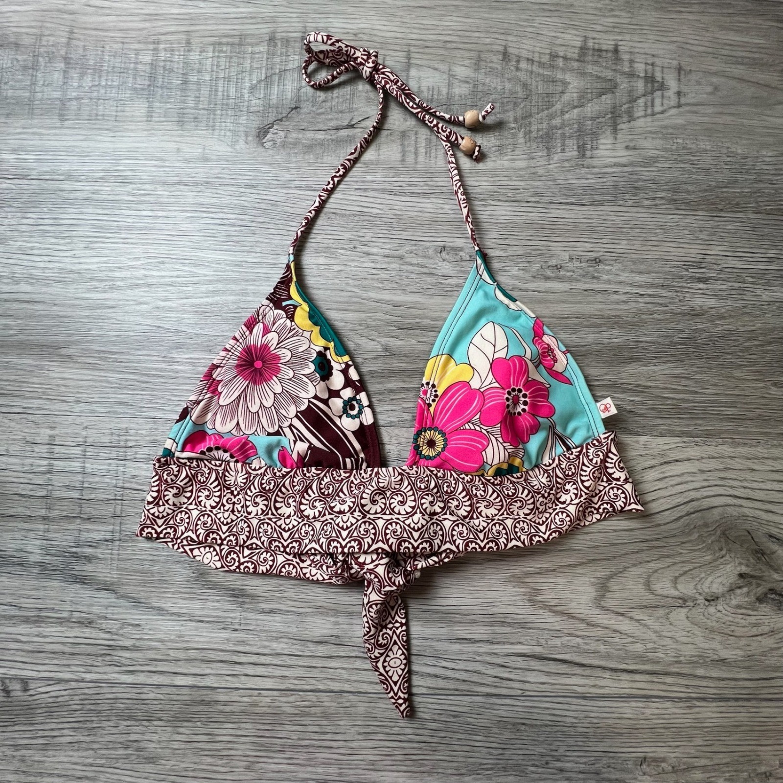 Ocean Pacific Bikini Top Womens Small Multicolor Floral Beaded Halter Triangle